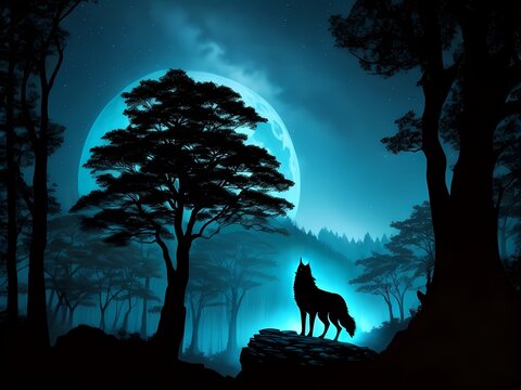 Majestic wolf stood on a stone Under a Moonlit Night Sky. Lone mammal amid moonlit trees, stars in sky, showcasing beauty of wildlife at night. Can be used as illustration or wall art. Generative AI.