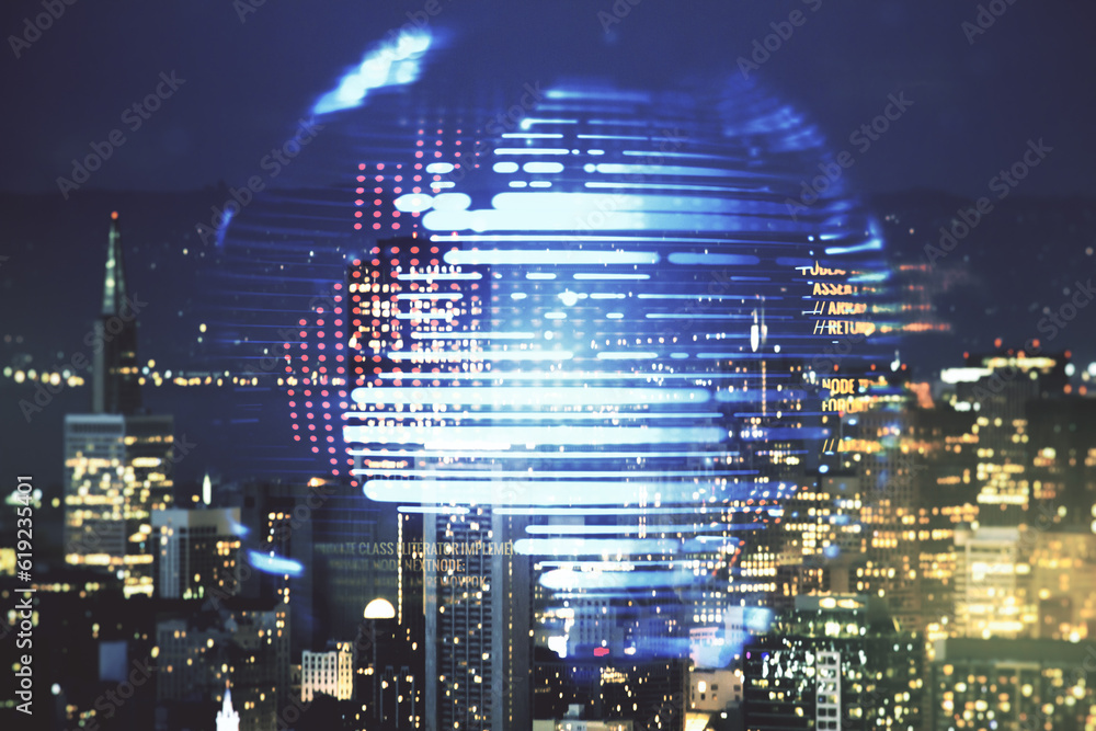 Poster double exposure of abstract creative programming illustration and world map on san francisco office 
