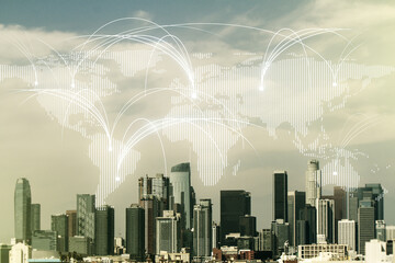 Double exposure of abstract digital world map hologram with connections on Los Angeles city skyscrapers background, research and strategy concept