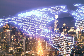 Digital map of North America hologram on San Francisco cityscape background, global technology concept. Multiexposure
