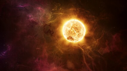 Hot erupting Sun wrapped in hydrogen plasma nebula clouds. Young star in solar system concept 3D illustration. Flares and coronal mass ejections unleash a torrent of searing glowing gases into space. - obrazy, fototapety, plakaty