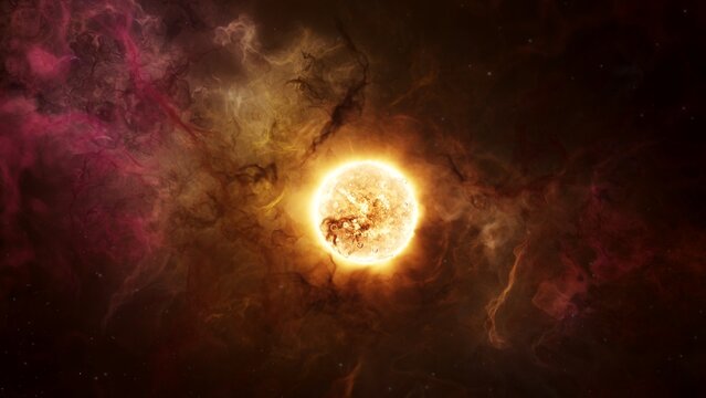 Hot erupting Sun wrapped in hydrogen plasma nebula clouds. Young star in solar system concept 3D illustration. Flares and coronal mass ejections unleash a torrent of searing glowing gases into space.