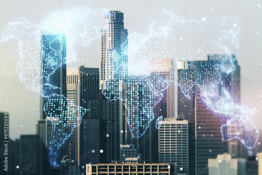 Poster multi exposure of abstract graphic world map on los angeles cityscape background, big data and netwo