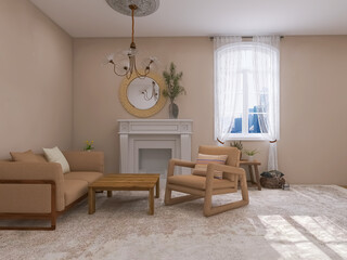 Scandinavian style living room interior, 3d render, 3d illustration