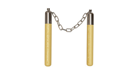 Wooden nunchaku weapon on chain isolated on white and transparent background. Martial art concept. 3D render