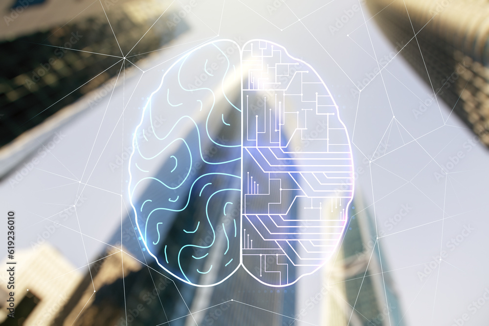Poster double exposure of creative artificial intelligence interface on modern skyscrapers background. neur