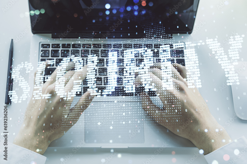 Poster Cyber security creative concept with hands typing on computer keyboard on background. Double exposure