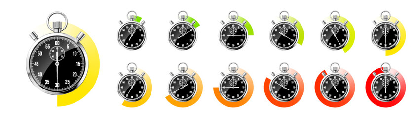 Realistic classic stopwatch. Shiny metal chronometer, black time counter with dial. Colorful countdown timer showing minutes, seconds. Time measurement for sport, start or finish. Vector illustration