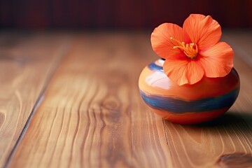Illustration of an orange flower in a vase on a wooden table, with warm sunlight shining in