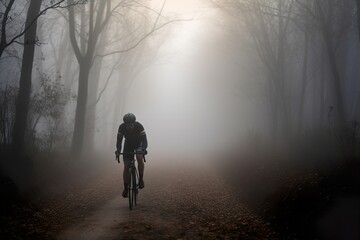 Cyclist riding a bike on an open road on foggy weahter in forest