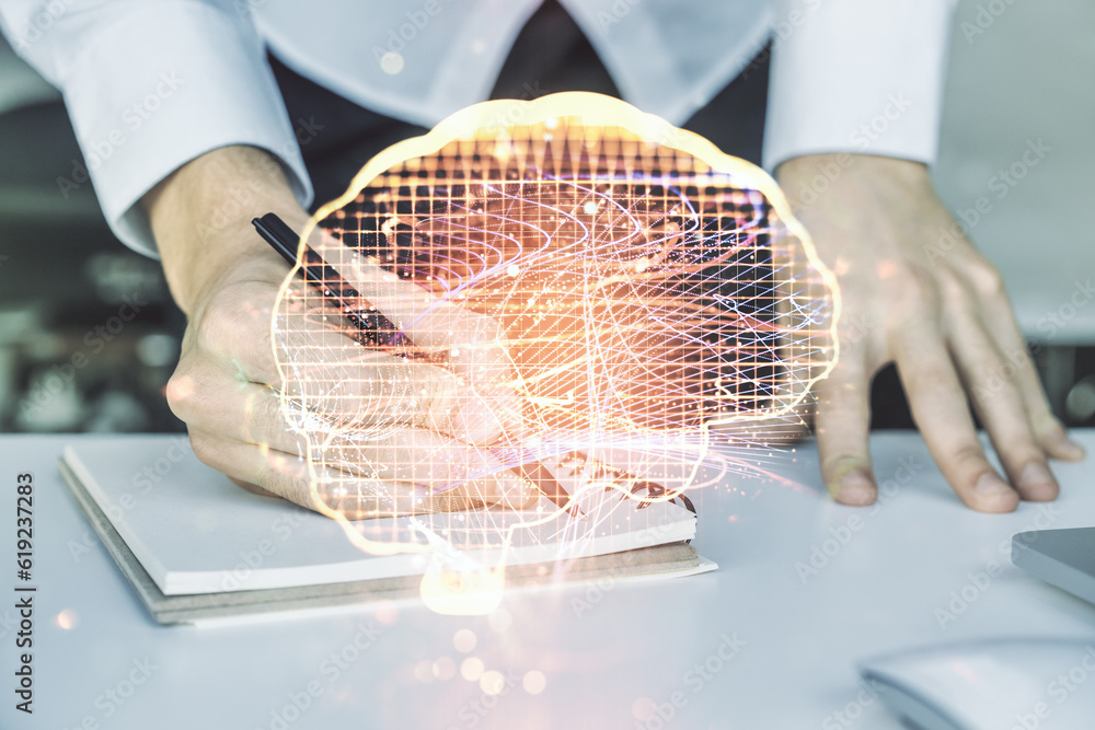 Aufkleber Double exposure of creative human brain microcircuit with hand writing in notepad on background with laptop. Future technology and AI concept