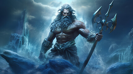 A beautiful image of Poseidon, the god of the seas. Olympian God. Greek god. Mythology. Image managed by AI - obrazy, fototapety, plakaty