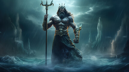 A beautiful image of Poseidon, the god of the seas. Olympian God. Greek god. Mythology. Image managed by AI - obrazy, fototapety, plakaty