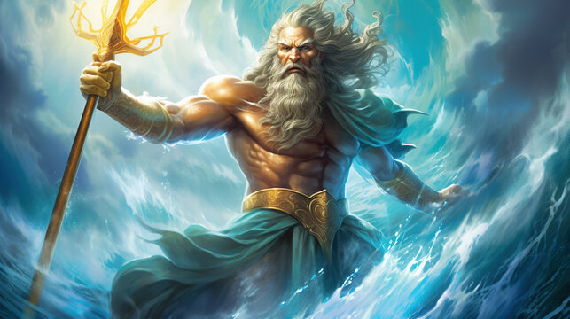 A beautiful image of Poseidon, the god of the seas. Olympian God. Greek god. Mythology. Image managed by AI