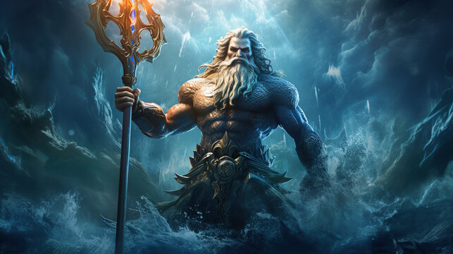 A beautiful image of Poseidon, the god of the seas. Olympian God. Greek god. Mythology. Image managed by AI