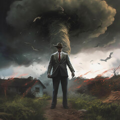 Obraz premium Man stands against backdrop of powerful tornado. Will power concept. AI generation..