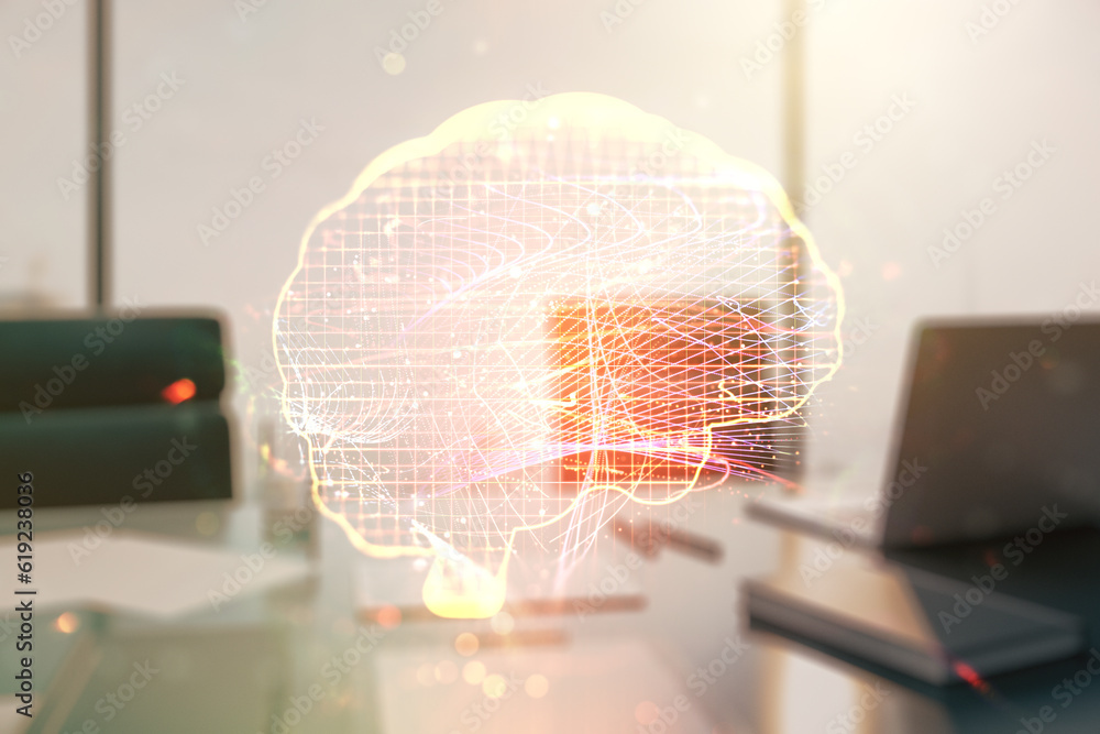 Poster double exposure of creative human brain microcircuit and modern desk with computer on background. fu