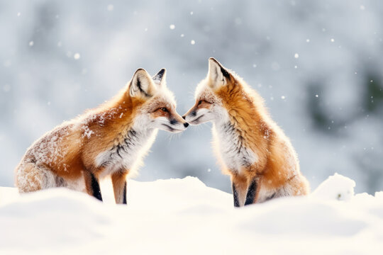two foxes playing in the winter forest. sense of playfulness and joy. fresh snow and snow-covered trees