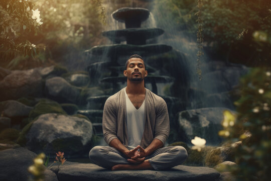 man sitting in a forest at sunrise, meditating. tranquility and harmony with nature.