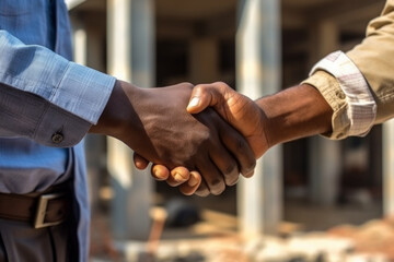 two business persons shaking hands in front of dirt. business partners are summarizing a successful deal or important collaboration