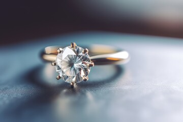 close-up view of a sparkling diamond engagement ring on a wooden table