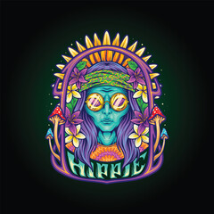 Bohemian alien flower power hippie style illustrations vector illustrations for your work logo, merchandise t-shirt, stickers and label designs, poster, greeting cards advertising business company