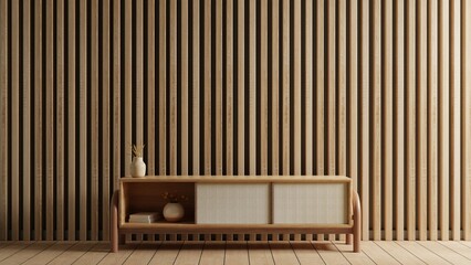 Muji style of living room with cabinet for tv on wooden slat background. - obrazy, fototapety, plakaty