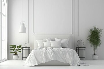 minimalistic white bedroom with a cozy bed and a potted plant. Generative AI