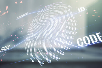 Multi exposure of virtual graphic fingerprint sketch on blurry contemporary office building background, fingerprint scan data concept
