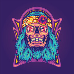 Human skull nostalgic nouveau hippie lifestyle illustration vector illustrations for your work logo, merchandise t-shirt, stickers and label designs, poster, greeting cards advertising business 