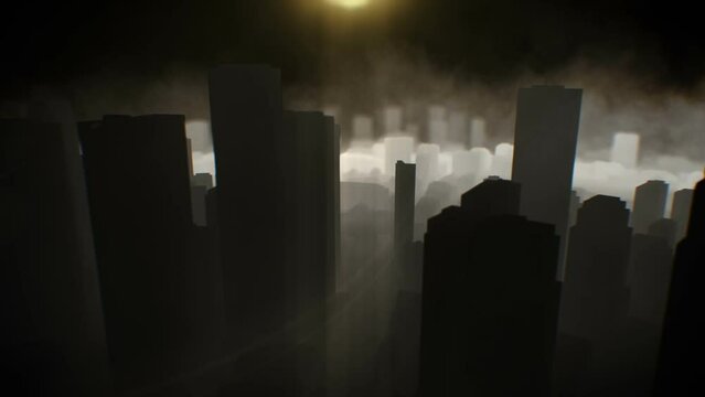 City background looped with fog over city night scene camera fly through