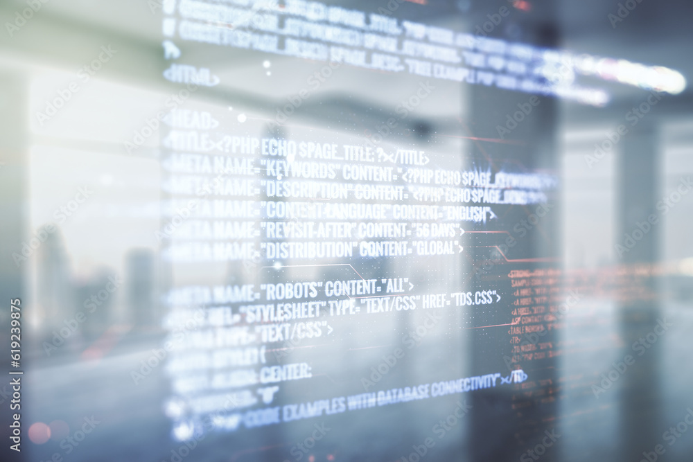 Poster multi exposure of abstract graphic coding sketch on modern interior background, big data and network