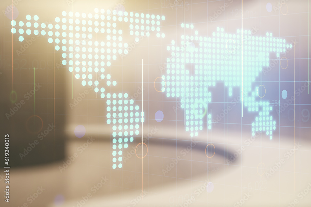 Poster multi exposure of abstract creative digital world map hologram on empty corporate office background,