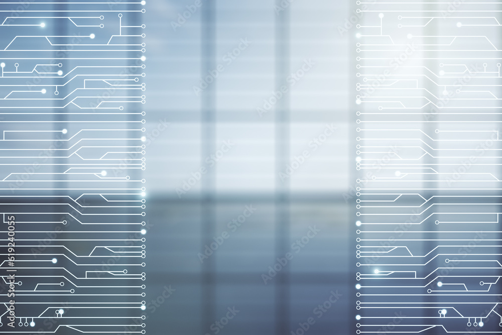 Aufkleber Abstract virtual microscheme illustration on empty corporate office background. Big data and database concept. Multiexposure