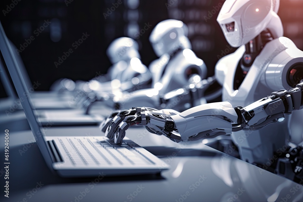 Poster robot using a laptop while sitting at a table