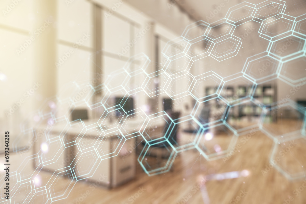 Aufkleber abstract virtual technology sketch with hexagon grid on a modern furnished office interior backgroun