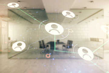 Double exposure of social network icons hologram on a modern furnished office interior background. Networking concept