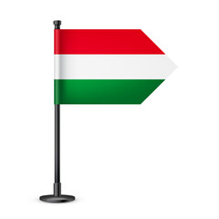 Realistic Hungarian table flag on a black steel pole. Souvenir from Hungary. Desk flag made of paper or fabric and shiny metal stand. Mockup for promotion and advertising. Vector illustration