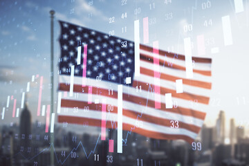 Multi exposure of virtual abstract financial diagram on US flag and city background, banking and accounting concept