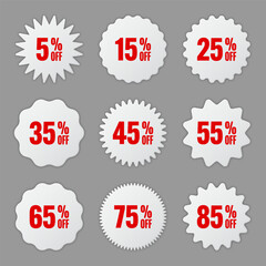 Price tags collection, special offer or shopping discount label with percent, discount percentage value. White retail paper sticker. Promotional sale badge. Vector illustration