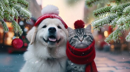   adorable Kitty Cat And Puppy dog on snowy Christmas City evening  street festive winter holiday Background ,generated ai