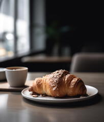 Fresh croissant and coffee on the table