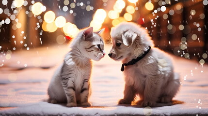   adorable Kitty Cat And Puppy dog on snowy Christmas City evening  street festive winter holiday Background ,generated ai - 619242607
