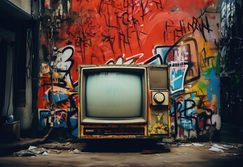Retro old television in a grungy graffiti covered room.