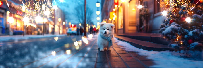 adorable Puppy dog on snowy Christmas City evening  street festive winter holiday Background ,