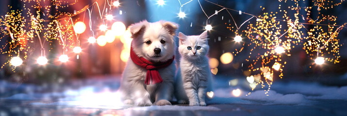   adorable Kitty Cat And Puppy dog on snowy Christmas City evening  street festive winter holiday Background ,generated ai
