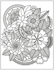 Coloring page for adults and children. Vector flower carpet.