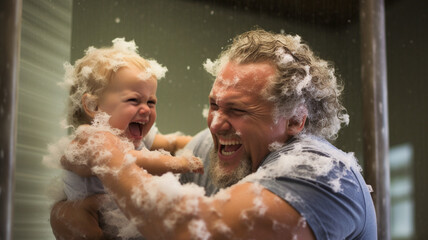 mature adult man and son, child toddler, 1 year old kid, fooling around and having fun, bath foam and splashing in water, laughing funny