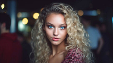 adult woman with long curly hair, blond, summer shirt, nightlife, crowd busy, casual, caucasian 20s, 30s, tourists or bar, fictional location