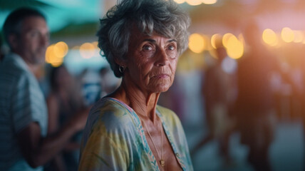 older woman, short gray hair, chic and elegant, party while vacation, beach bar nightlife, happy curious expectant and adventurous, slightly introverted or shy and reserved, fictional place